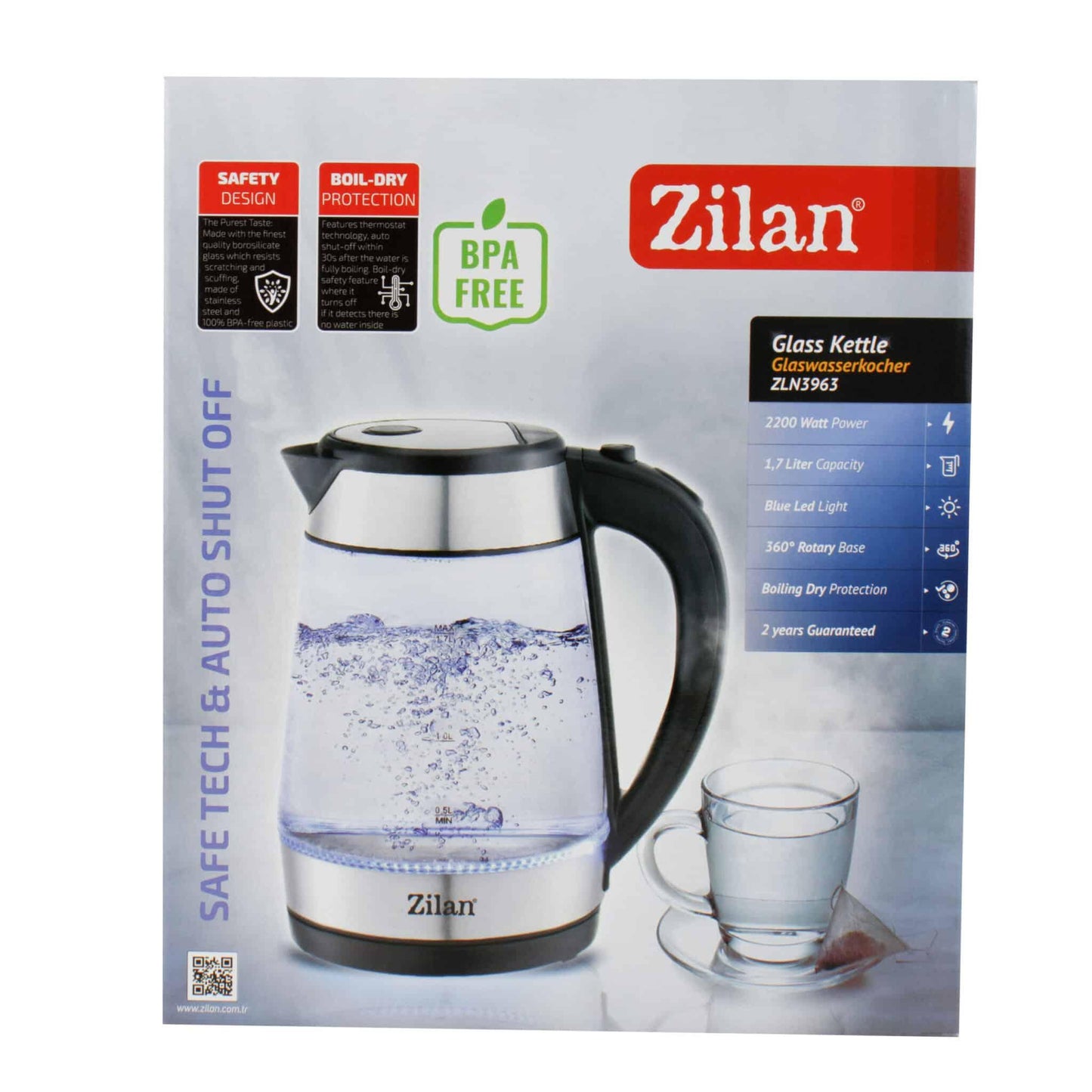 Fierbator electric sticla Zilan cu iluminare LED, 1.7l, 2200W / ZLN 3963