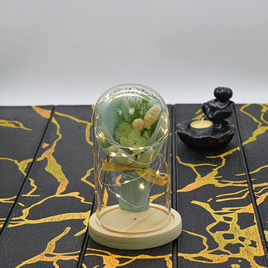 Aranjament floral in cupola de sticla, lumina Led, D4037, Verde