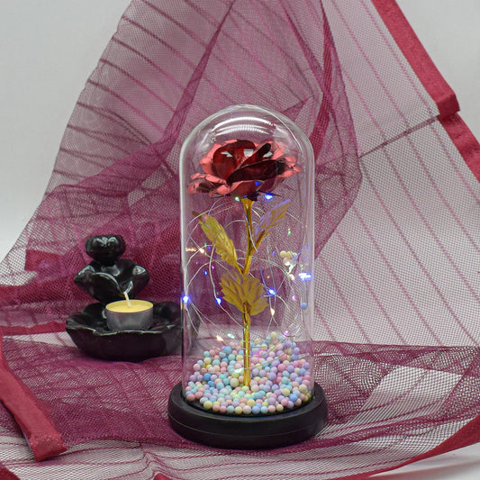 Aranjament floral in cupola de sticla, lumina Led, D4041, Rosu