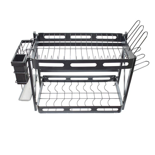 Raft metalic pentru vase si tacamuri, suport pahare, 2 polite, Naimeed D4462, Negru
