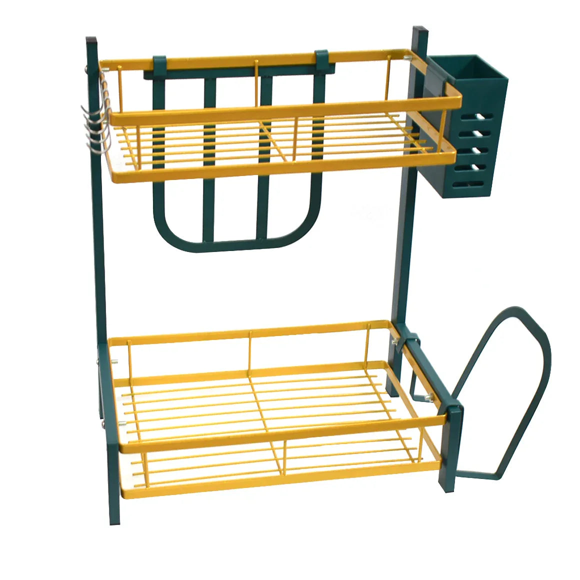 Raft metalic pentru vase si tacamuri, 2 polite, Naimeed D4474, Verde/Auriu