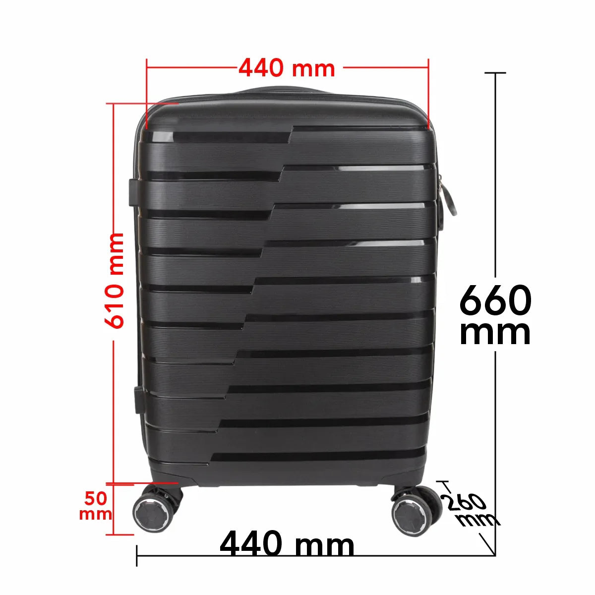 Troler voiaj Mare L, StowAway, Naimeed D5962, 4 roti duble 360 grade, PP, inchidere cifru, Negru, 44x26x61cm
