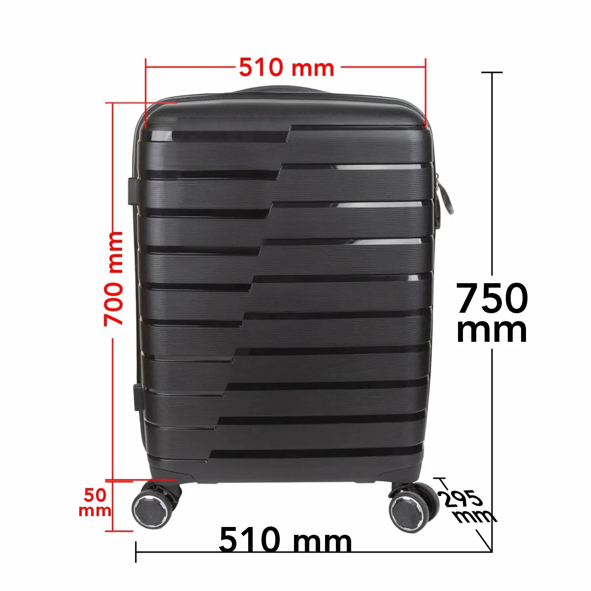 Troler voiaj Mare XL, StowAway, Naimeed D5962, 4 roti duble 360 grade detasabile , PP, inchidere cifru, Negru, 51x29.5x70cm