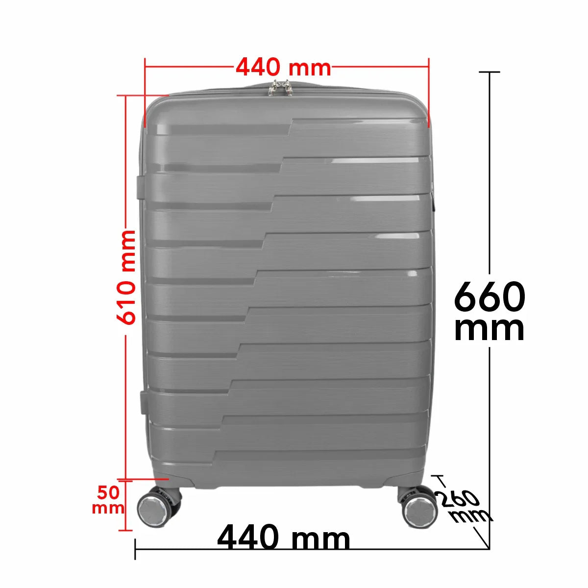 Troler voiaj Mare L, StowAway, Naimeed D5965, 4 roti duble 360 grade, PP, inchidere cifru, Gri, 44x26x61cm