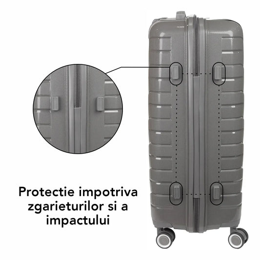 Troler voiaj Mare L, StowAway, Naimeed D5967, 4 roti duble 360 grade, PP, inchidere cifru, Gri, 44x26x61cm