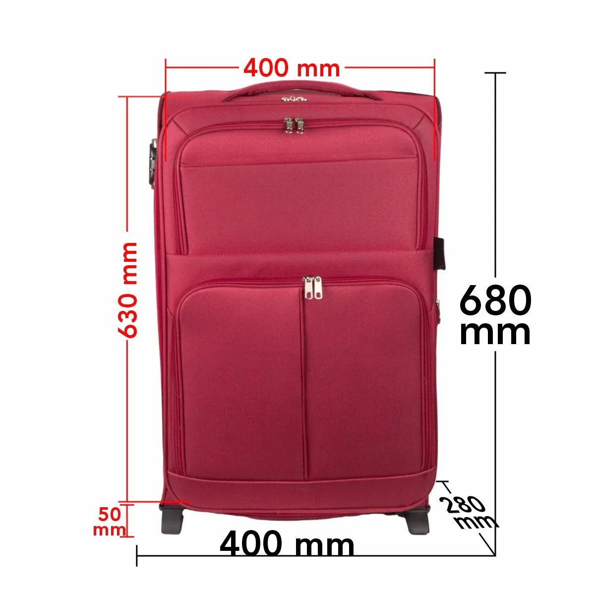 Troler voiaj Mediu, Naimeed D5977, 2 roti, material textil, inchidere cifru, Rosu, 40x28x63cm