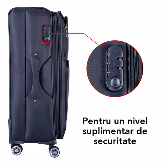 Troler voiaj Mic, Naimeed D5998, 4 roti duble 360 grade, material textil, inchidere cifru, Negru, 35x21x58cm