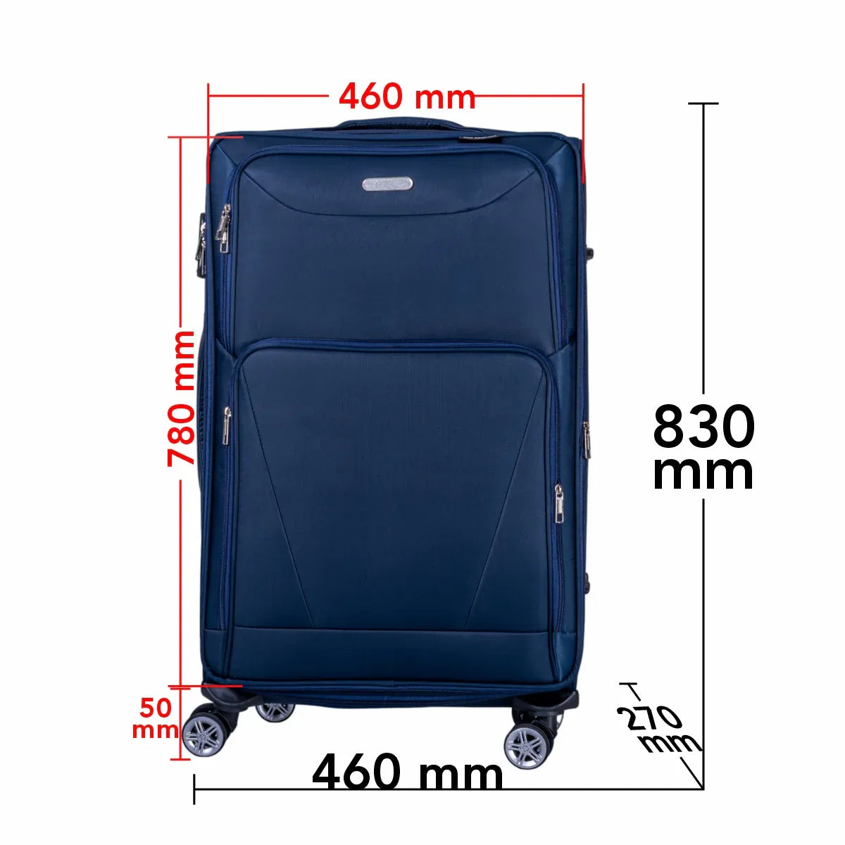 Troler voiaj Mare, Naimeed D5999, 4 roti duble 360 grade, material textil, inchidere cifru, Albastru, 46x27x78cm