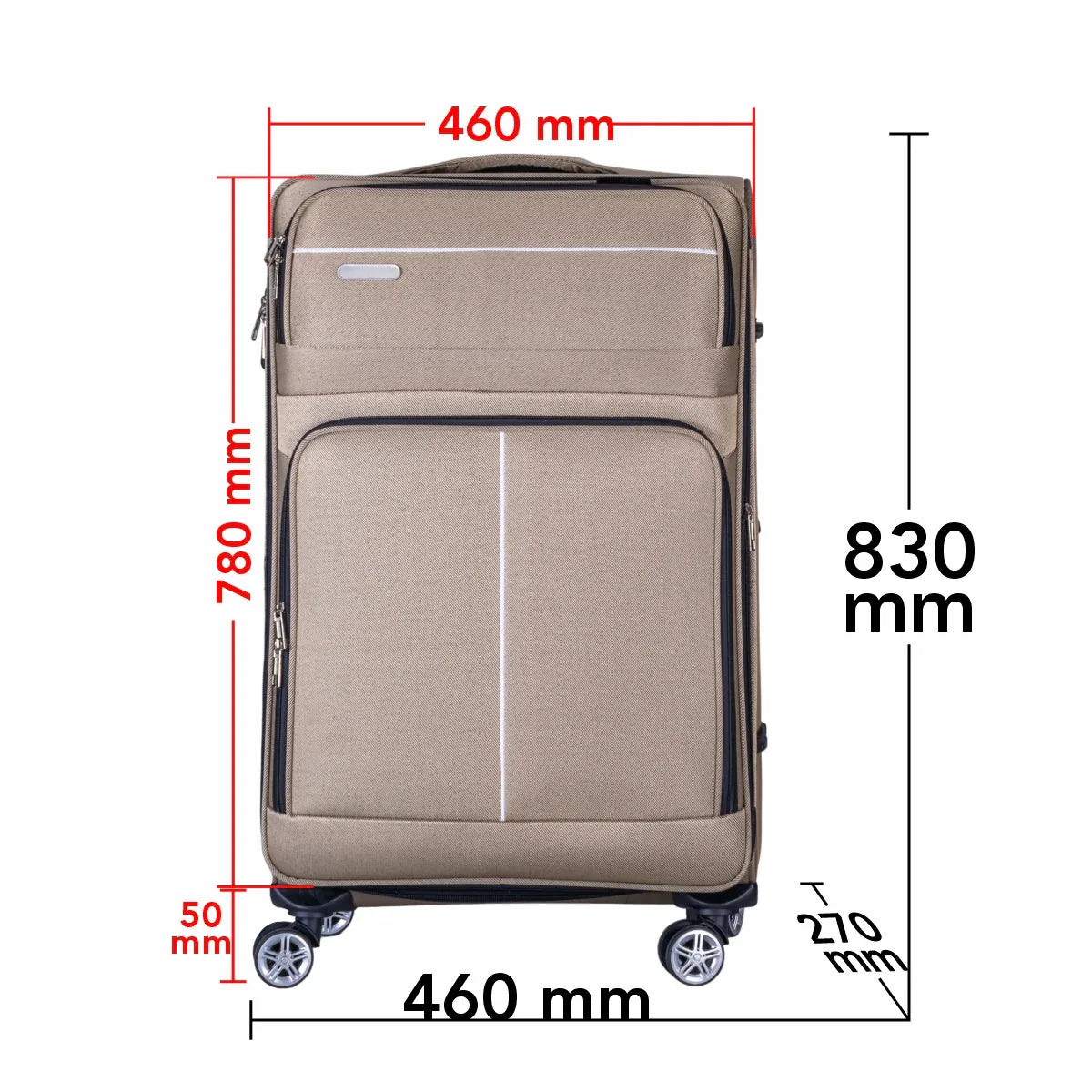 Troler voiaj Mare, Naimeed D6001, 4 roti duble 360 grade, material textil, inchidere cifru, Crem, 46x27x78cm