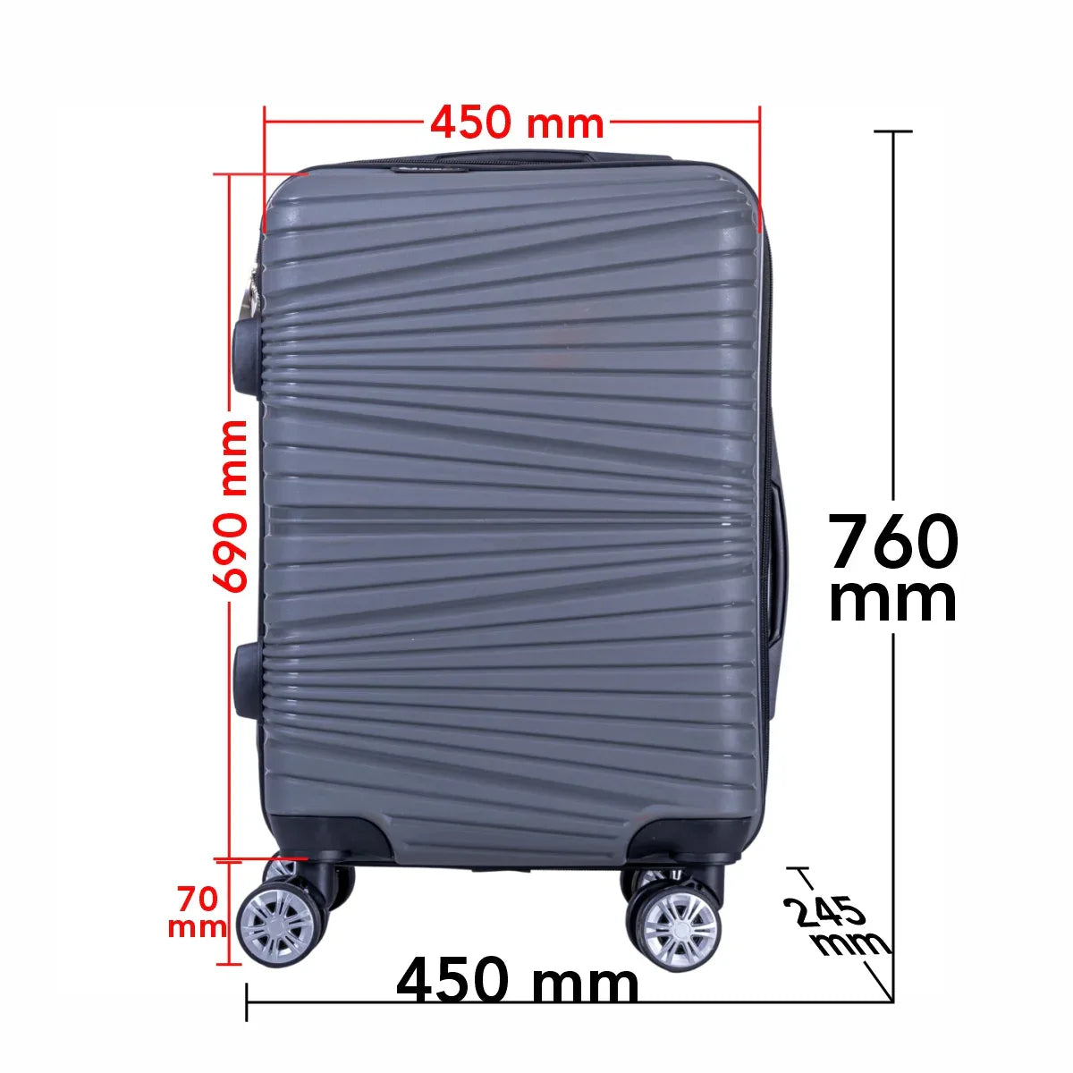 Troler voiaj Mare, Naimeed D6017, 4 roti duble 360 grade, PP, inchidere cifru, Gri, 45x24.5x69cm