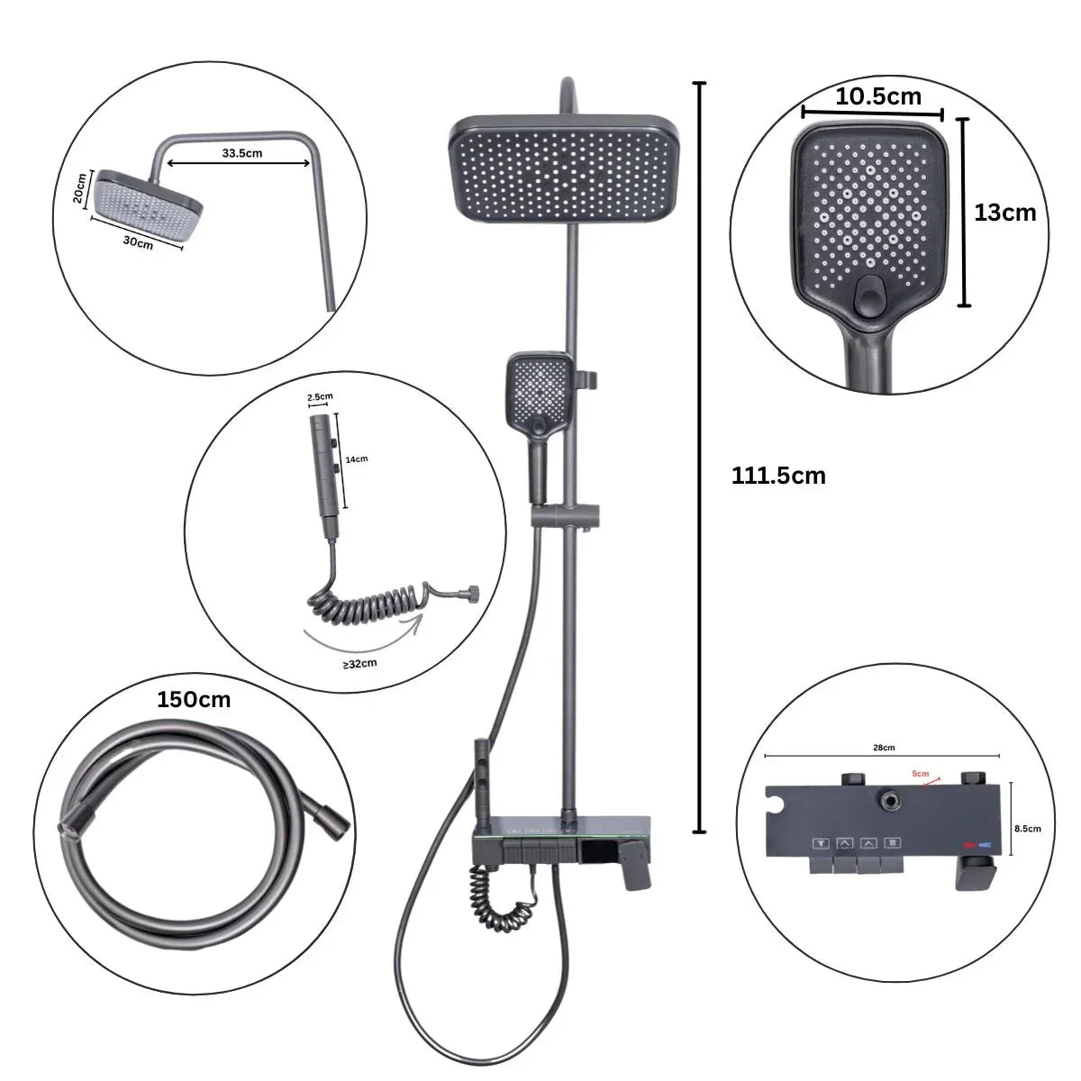 Coloana de dus, cu para fixa si para mobila, Naimeed D6147, 4 functii, otel inoxidabil, Gri