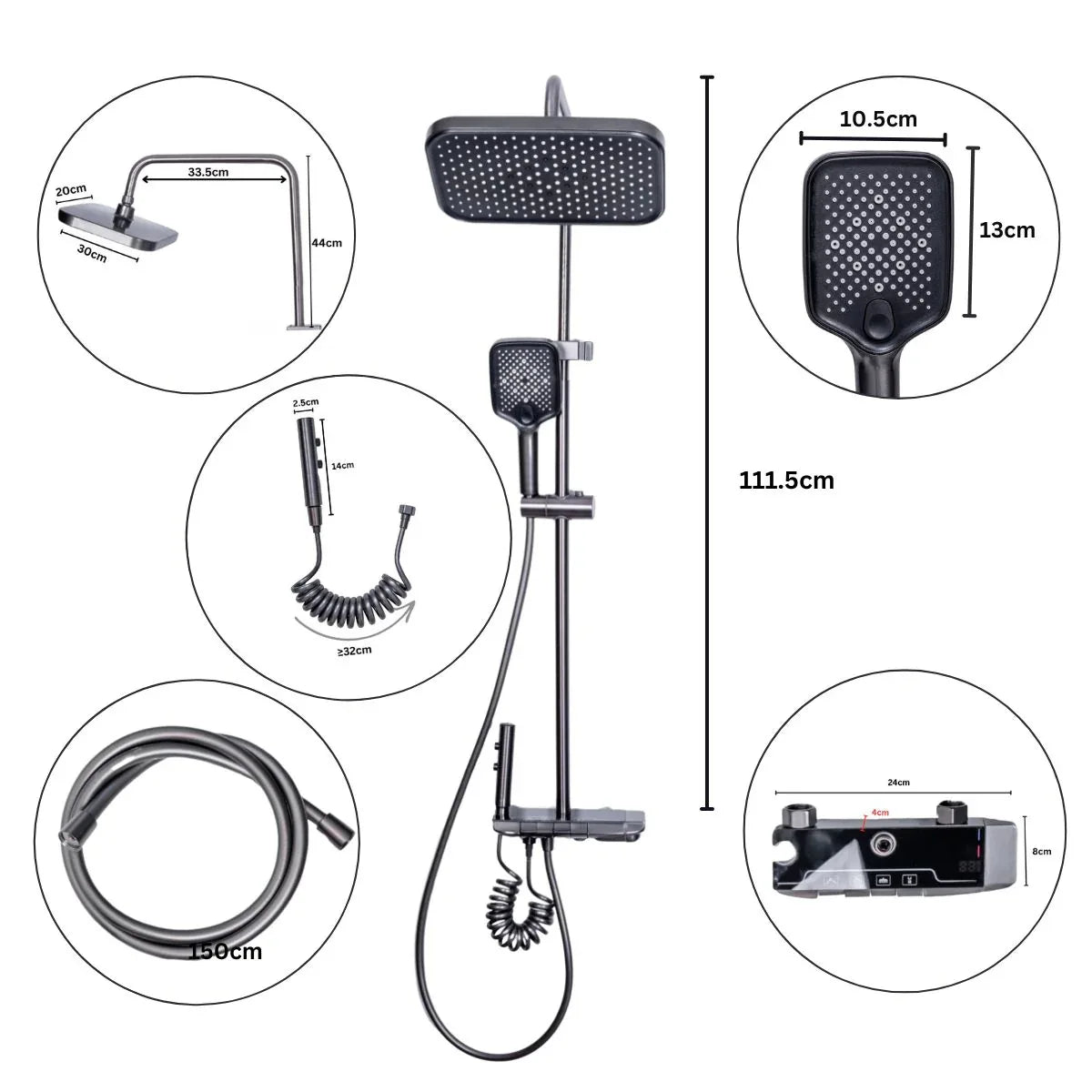 Coloana de dus, cu para fixa si para mobila, Naimeed D6156, 4 functii, otel inoxidabil, Gri