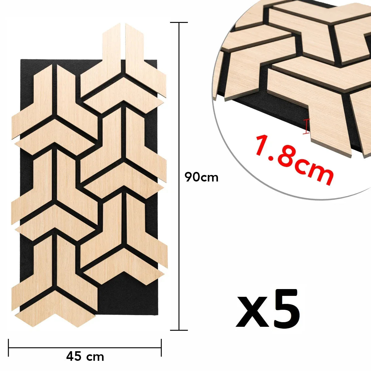 Set 5 Panouri riflaje acustice decorative, HDF si pasla, Naimeed D6759, 90x45x1.8cm, Stejar deschis