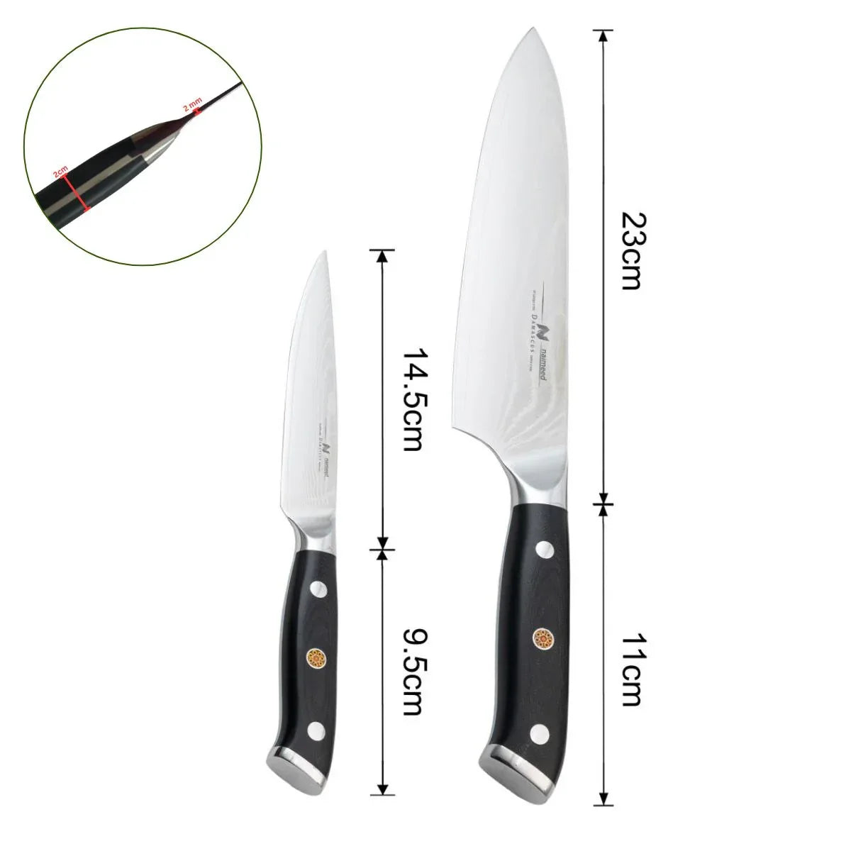 Set 2 cutite profesionale, din otel Damascus, Naimeed D6833, damasc 67 de straturi, Negru