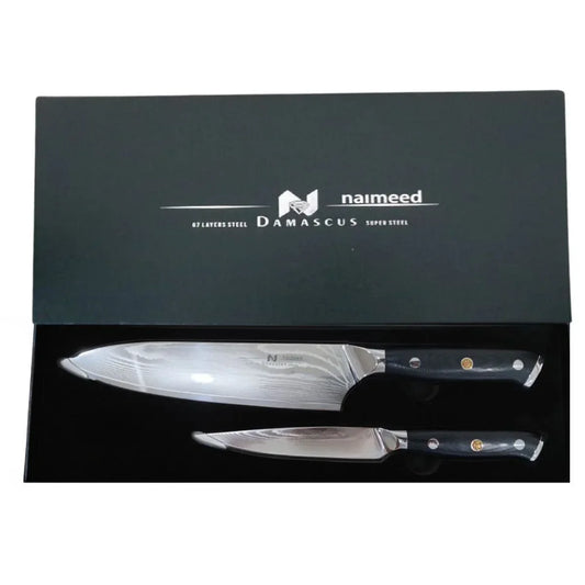 Set 2 cutite profesionale, din otel Damascus, Naimeed D6833, damasc 67 de straturi, Negru
