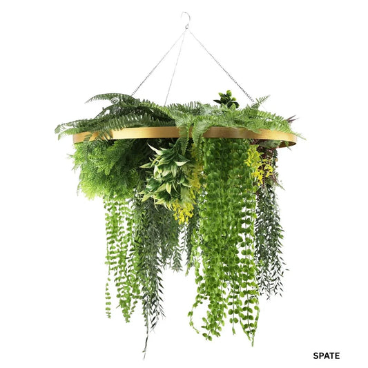 Aranjament Suspendat cu Plante Artificiale pe Disc Decorativ Auriu, Naimeed D7444, diametru 80 cm