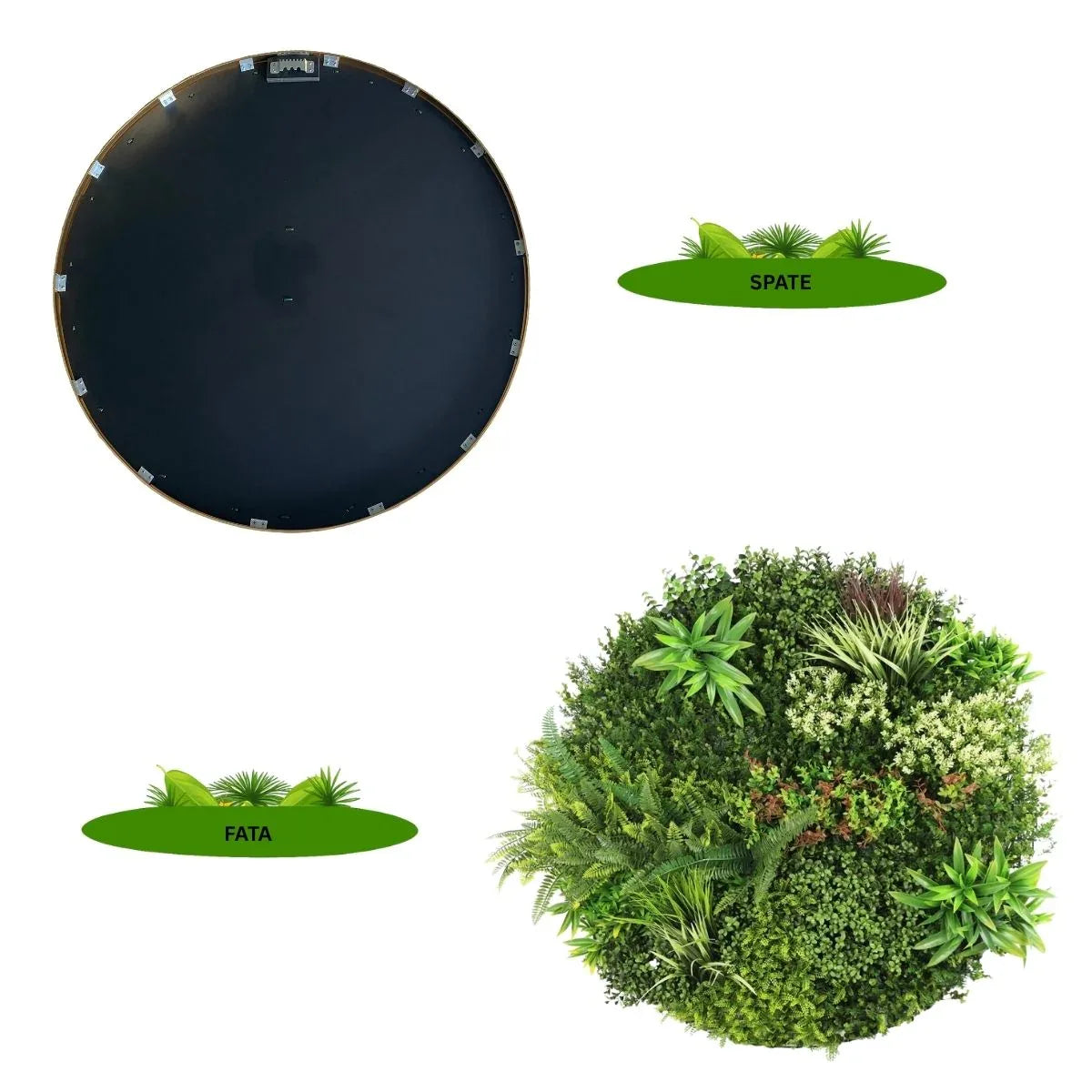 Aranjament decorativ, de perete, cu ramă din aluminiu și plante artificiale Naimeed D7463, diametru 100 cm