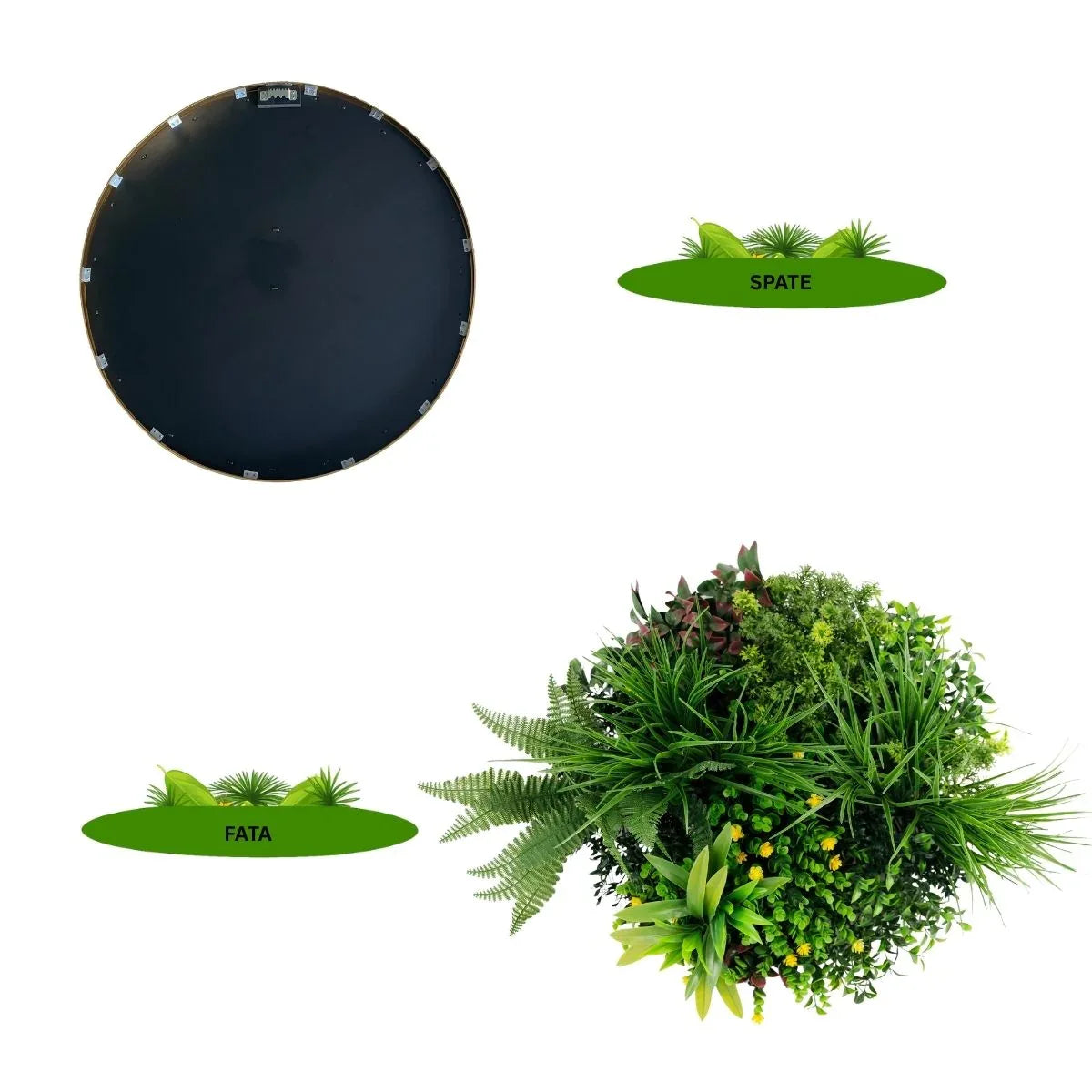 Aranjament decorativ, de perete, cu ramă din aluminiu și plante artificiale Naimeed D7468, diametru 50 cm
