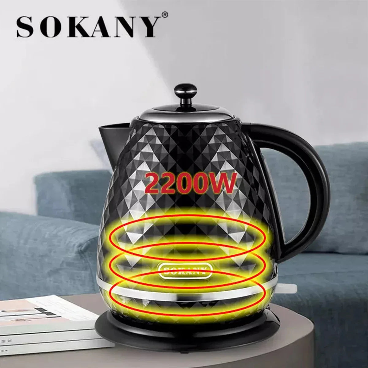 Fierbator apa, Sokany SK-1032, 2200W, capacitate 1.7L, control temperatura, indicator luminos, Negru
