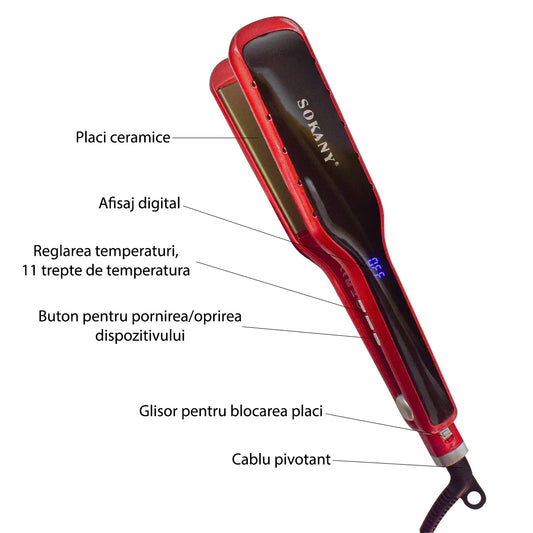 Placa profesionala de indreptat parul Sokany SK-986, 230 grade, invelis ceramic, afisaj digital, Rosu