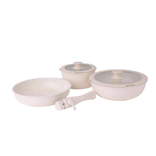 Set 5 piese din ceranica, compus din 2 oale, 1 tigaie si 2 capace de sticla, crem, ZILAN / ZLN 0965