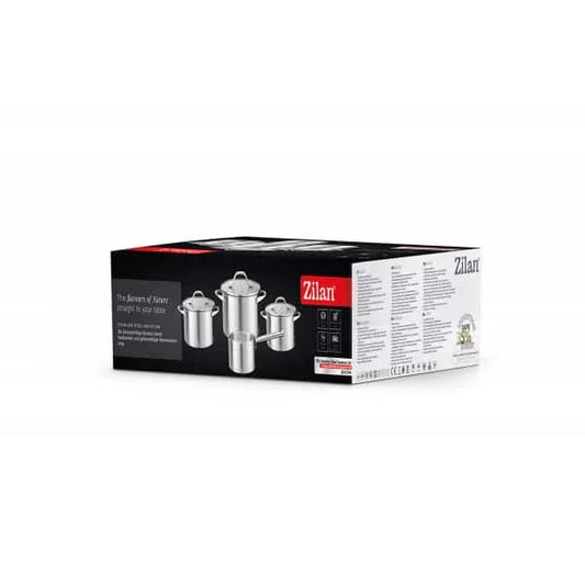 Set oale, 7 piese din inox, compus din 3 x oale, 1x cratita cu coada si 3 x capace sticla ZILAN / ZLN 1344