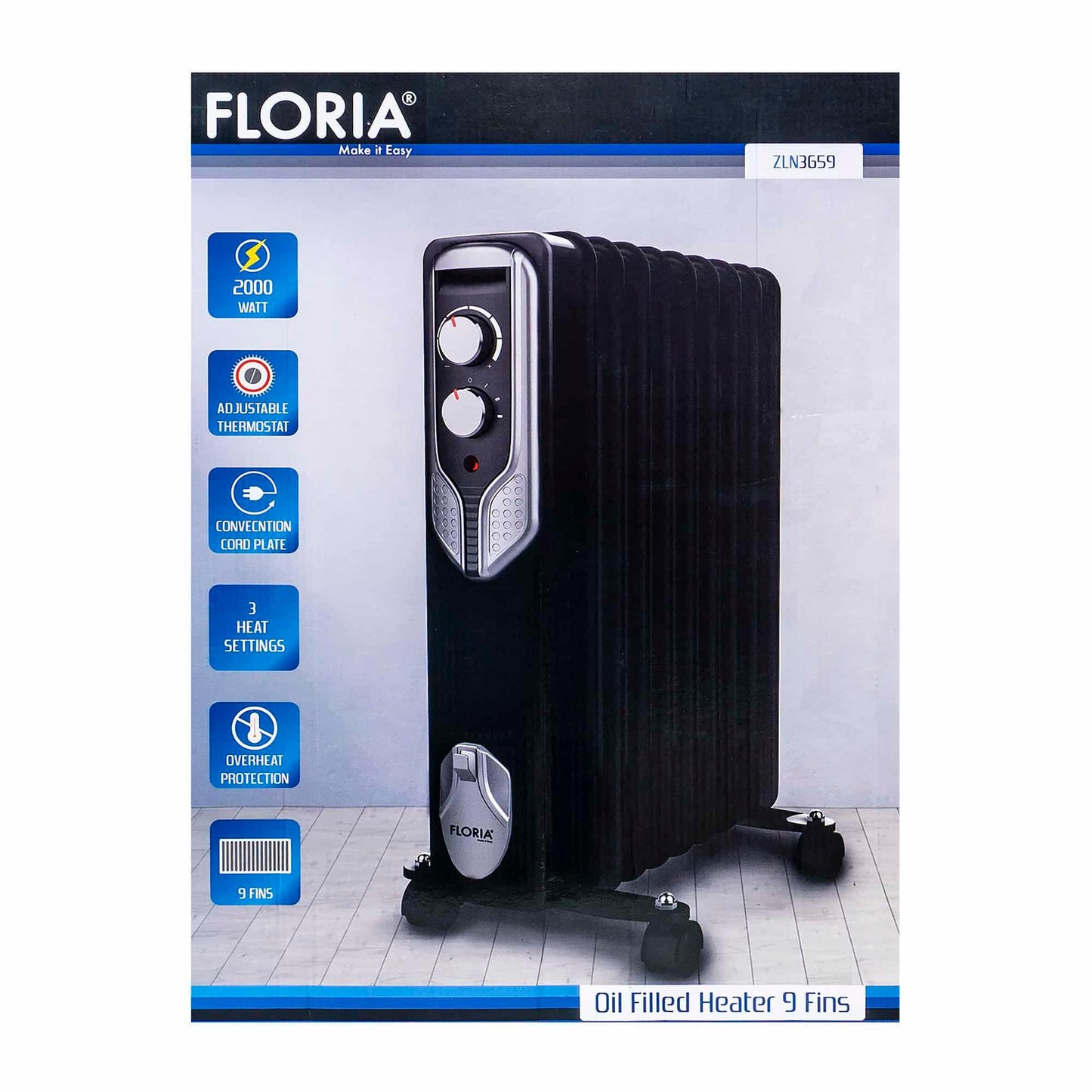 Calorifer electric, putere 2000 W, 9 elementi, 3 trepte de putere, Termostat reglabil, Protectie supra-incalzire, Indicator luminos / ZLN 3659
