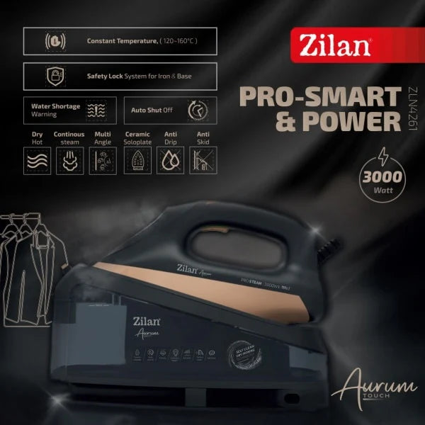 Fier de calcat Aurum cu statie, negru, putere 3000W, incalzire in 35 secunde, sistem de auto oprire / ZLN 4261