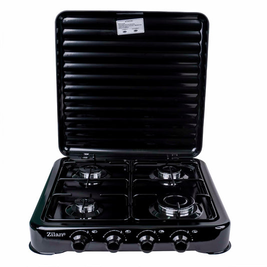 Pachet Aragaz 4 ochiuri, 55X50cm, Ceas pentru butelie, 2m furtun pentru gaz, 3 x coliere pentru furtun, aprinzator, negru / ZLN 7079B_N