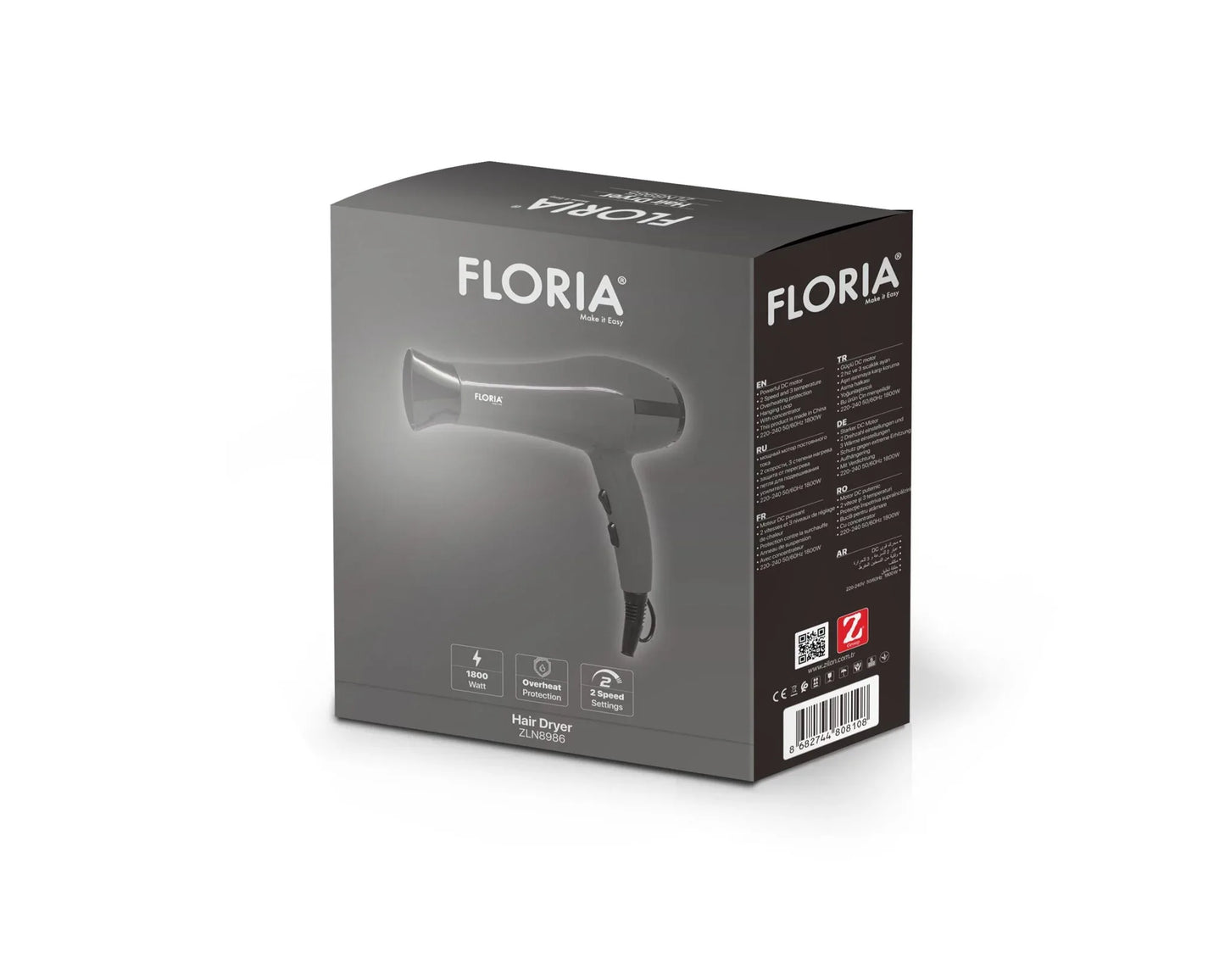 Uscator de par, putere 1800w, 2 trepte de viteza, gri FLORIA / ZLN 8986