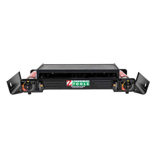Pachet aragaz camping cu 2 ochiuri, aprindere electrica, putere 2x2.3kw, cu tava gril, spatula, cleste si cutie de transportat + 4 butelii 410ml / ZTS 5620_1