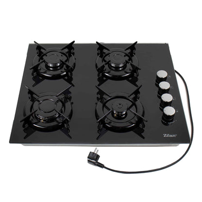Plita incorporabila, gaz GPL sau natural cu 4 ochiuri, aprindere electrica, sticla, negru / ZLN 0058