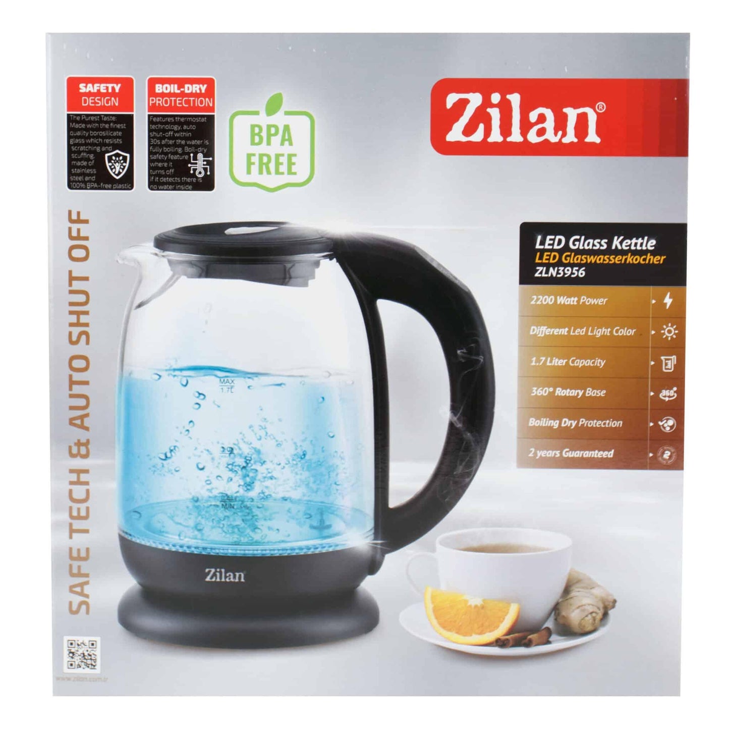 Fierbator electric sticla Zilan cu iluminare LED, temperatura controlata, 1.7l, 2200W / ZLN 3956