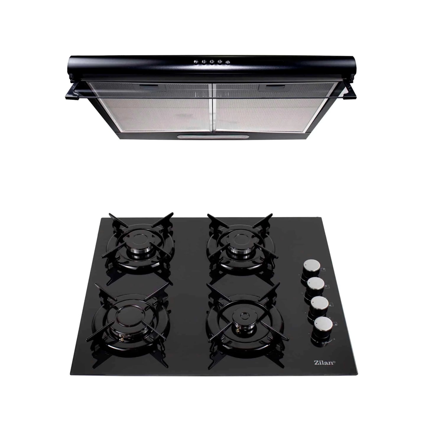 Pachet plita incorporabila (0058), gaz butelie sau gaz natural (duze de schimb incluse), 59x51 cm, aprindere electrica, sticla neagra si hota perete 2 motoare (6201), 2 x 95w / SET 30005