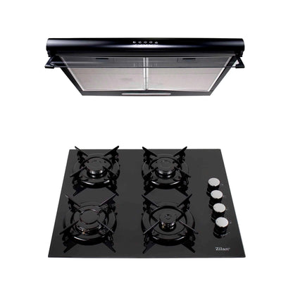 Pachet plita incorporabila (0058), gaz butelie sau gaz natural (duze de schimb incluse), 59x51 cm, aprindere electrica, sticla neagra si hota perete 2 motoare (6201), 2 x 95w / SET 30005
