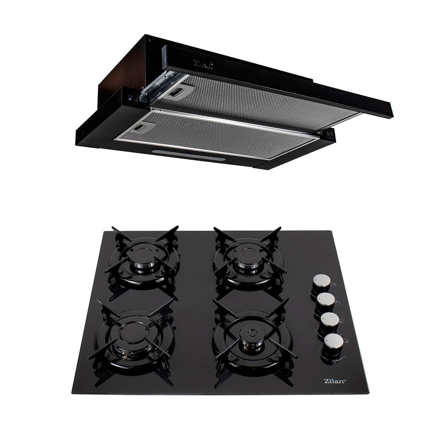 Pachet plita incorporabila (0058), gaz butelie sau gaz natural (duze de schimb incluse), 59x51 cm, aprindere electrica, sticla neagra si hota Incorporabila telescopica 2 motoare (3680), 2 x 95w / SET 30007