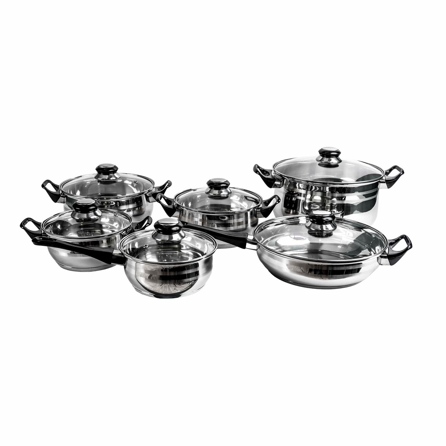 Set oale inox 12 piese, compus din 4 x oale, 1x cratita cu coada, 1x tigaie si 6x capace sticla / ZLN 4038