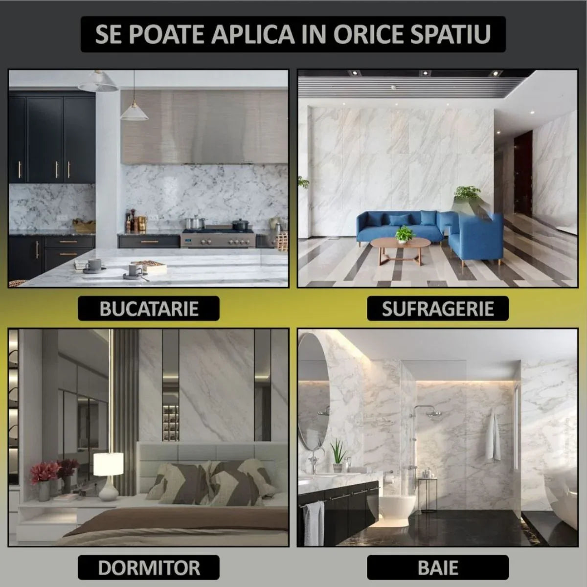 Set 6 panouri decorative autoadezive cu folie de aluminiu, efect marmura,  suprafata acoperita 1.08 m², Naimeed D7119, 60x30 cm, Crem