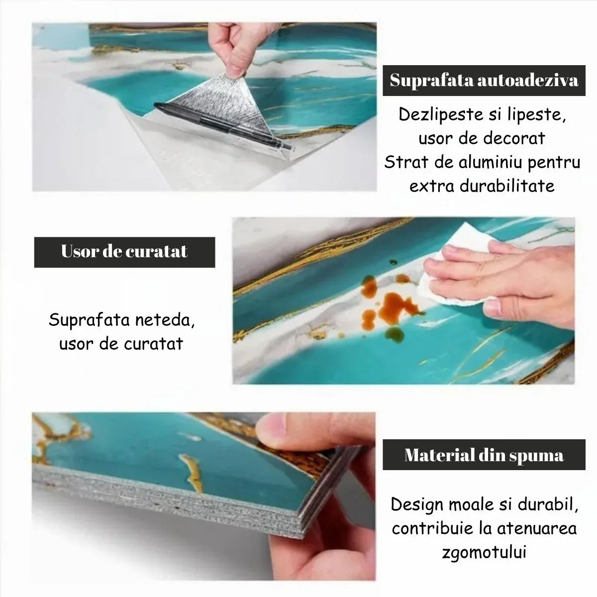 Set 6 panouri decorative autoadezive cu folie de aluminiu, efect marmura,  suprafata acoperita 1.08 m², Naimeed D7128, 60x30 cm, Maro deschis