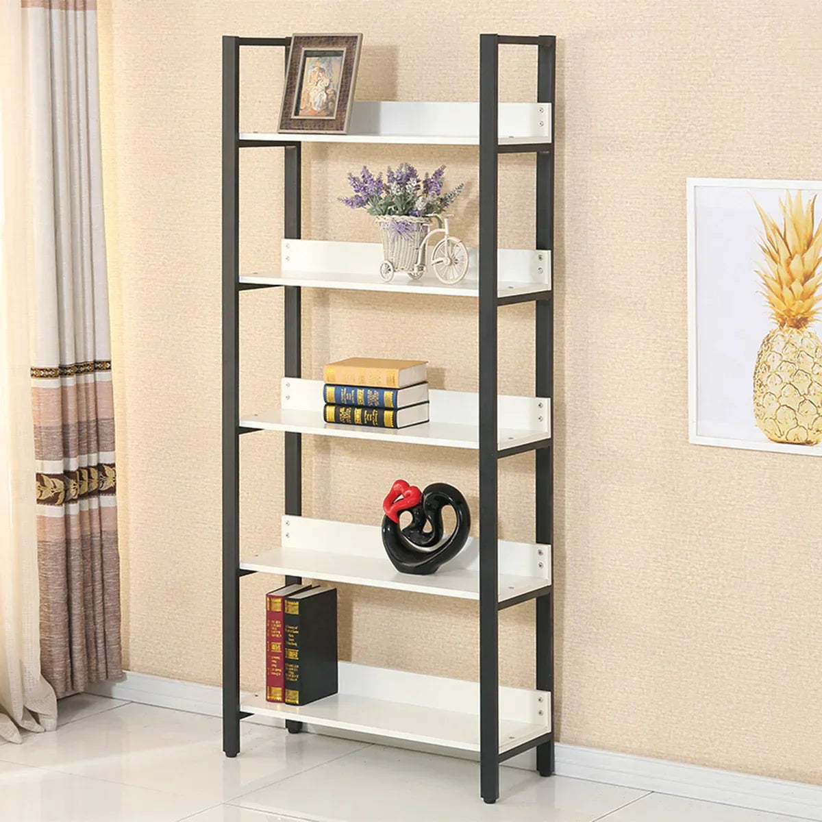 Biblioteca cu 5 polite, un compartiment, Naimeed B5-80, Negru/Alb