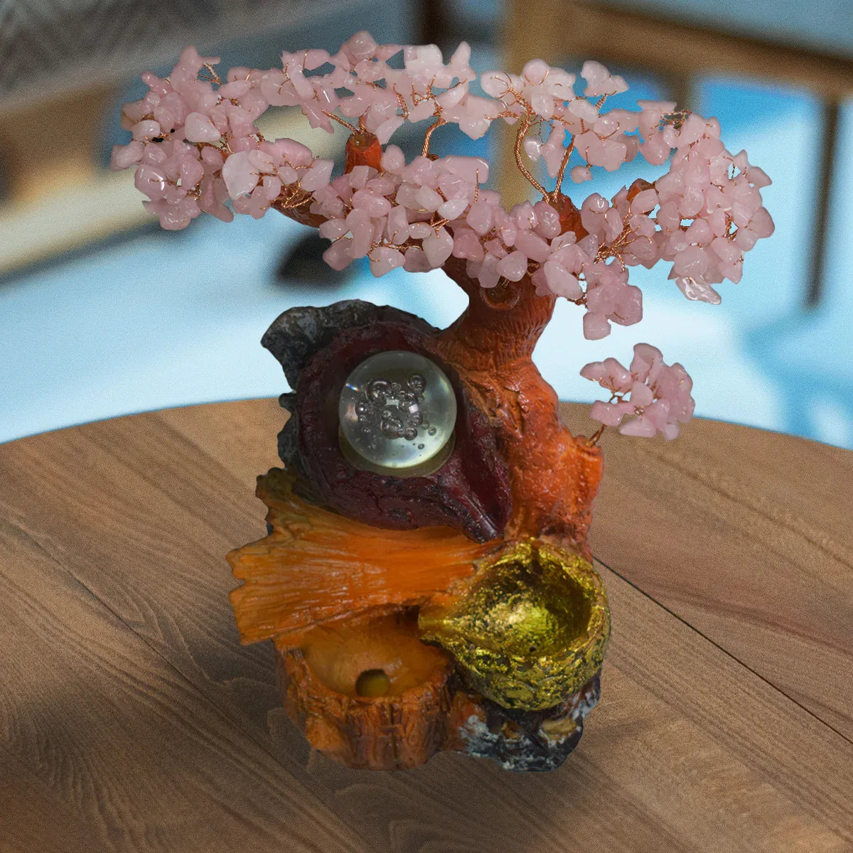Fantana arteziana, Feng Shui, LED, pompa submersibila, pietre semipretioase de Cuart Roz, Naimeed D3009-Roz, Inaltime 28cm