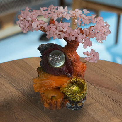 Fantana arteziana, Feng Shui, LED, pompa submersibila, pietre semipretioase de Cuart Roz, Naimeed D3009-Roz, Inaltime 28cm