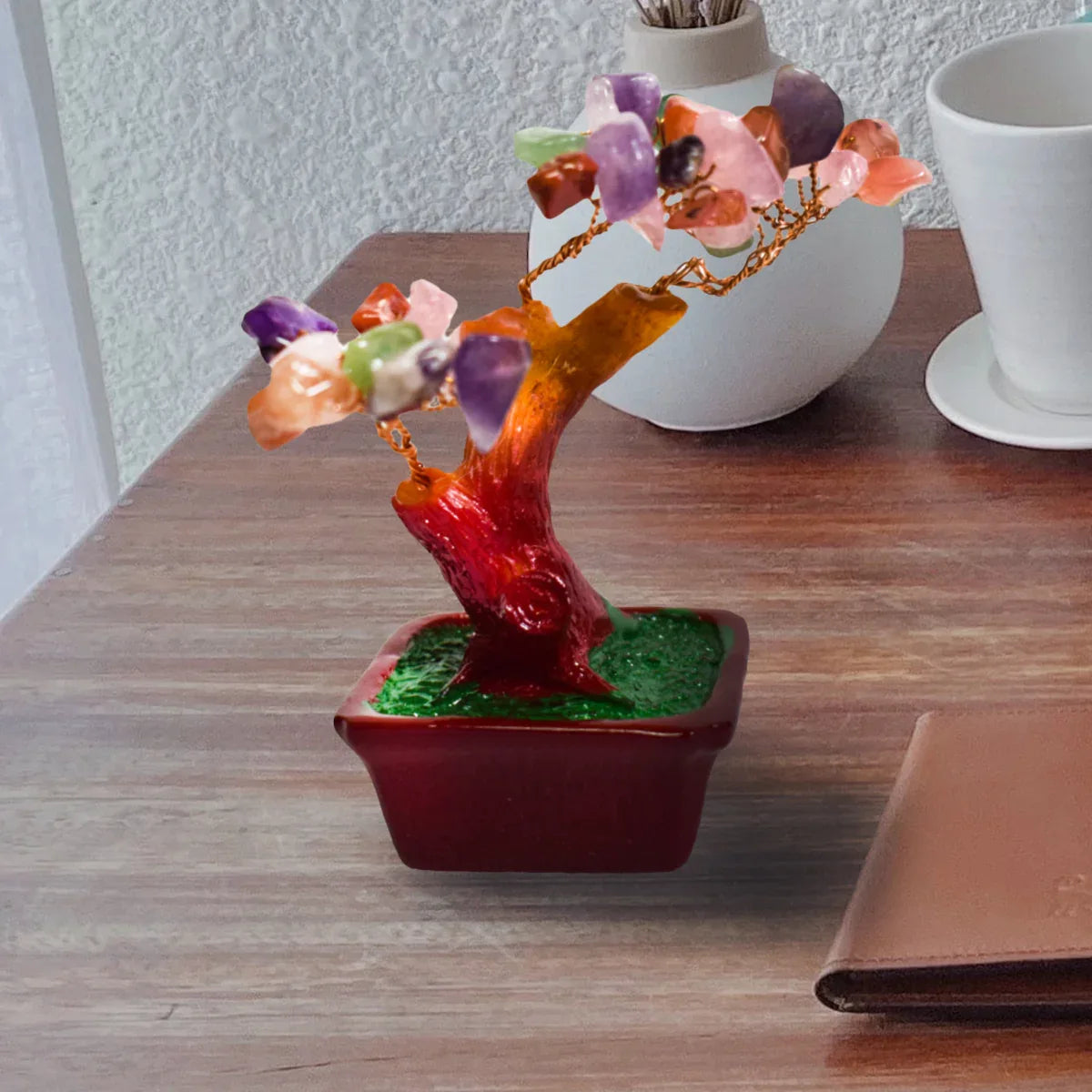 Copac Feng Shui cu Pietre Semipretioase, Suport Ceramic, Naimeed D3011CL, Inaltime 8cm
