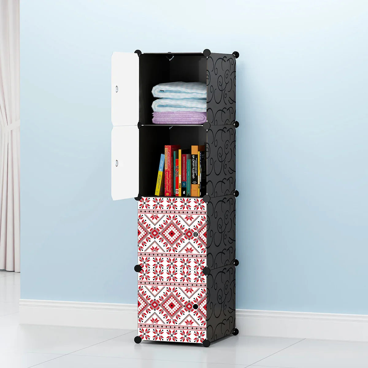 Dulap modular din plastic cu schelet metalic, imprimeu traditional, Naimeed D3420N, culoare Negru, 148x37x37 cm