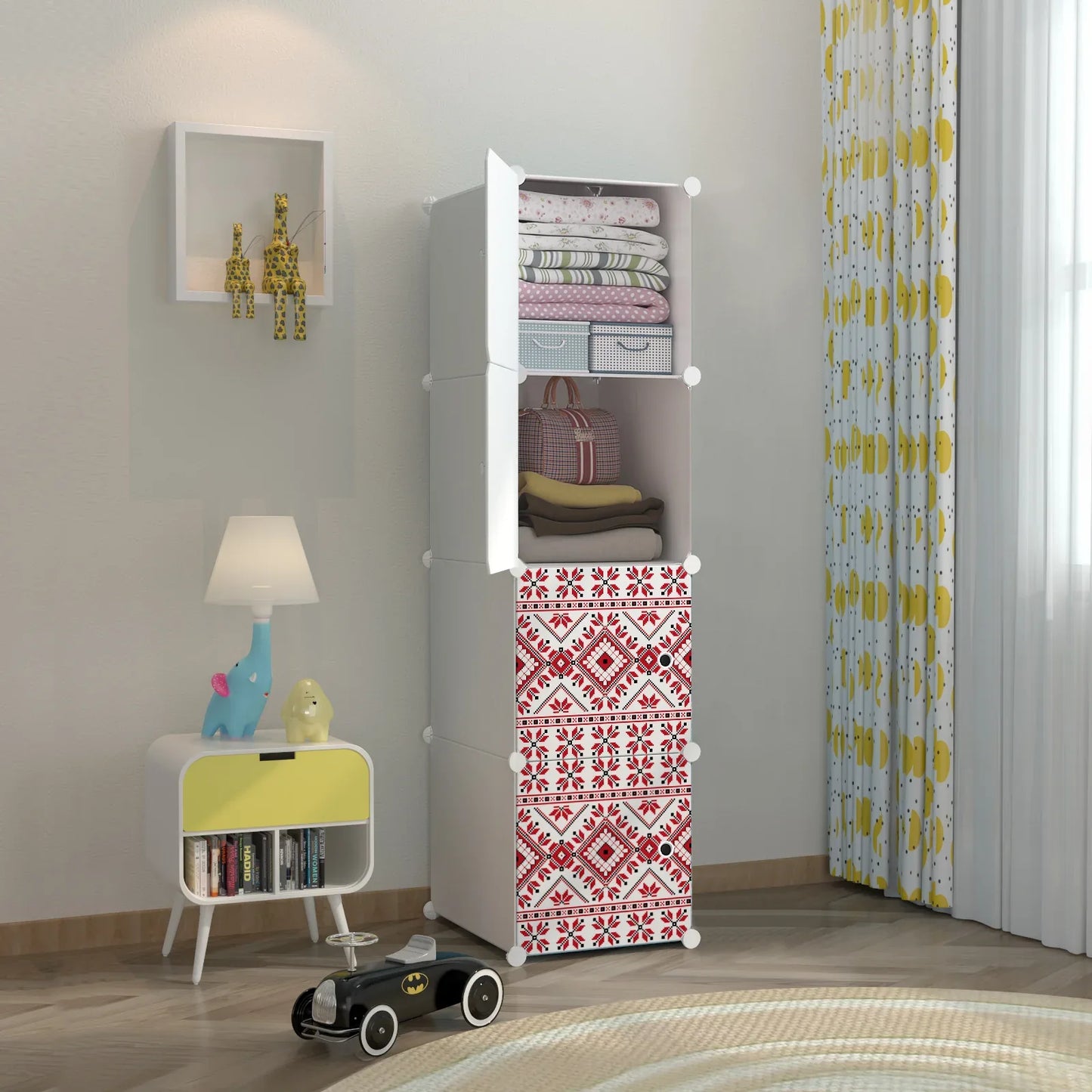 Dulap modular din plastic cu schelet metalic, imprimeu traditional, Naimeed D3420W, culoare Alb, 148x37x37 cm
