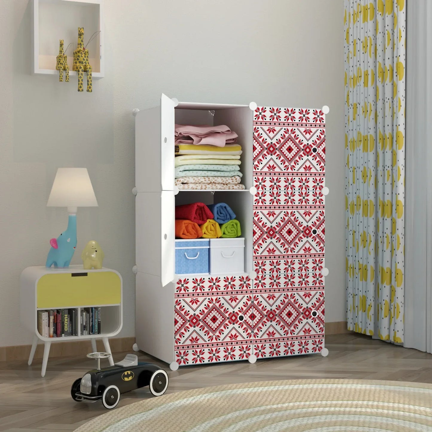 Dulap modular din plastic cu schelet metalic, imprimeu traditional, Naimeed D3421W, culoare Alb, 111x75x37 cm