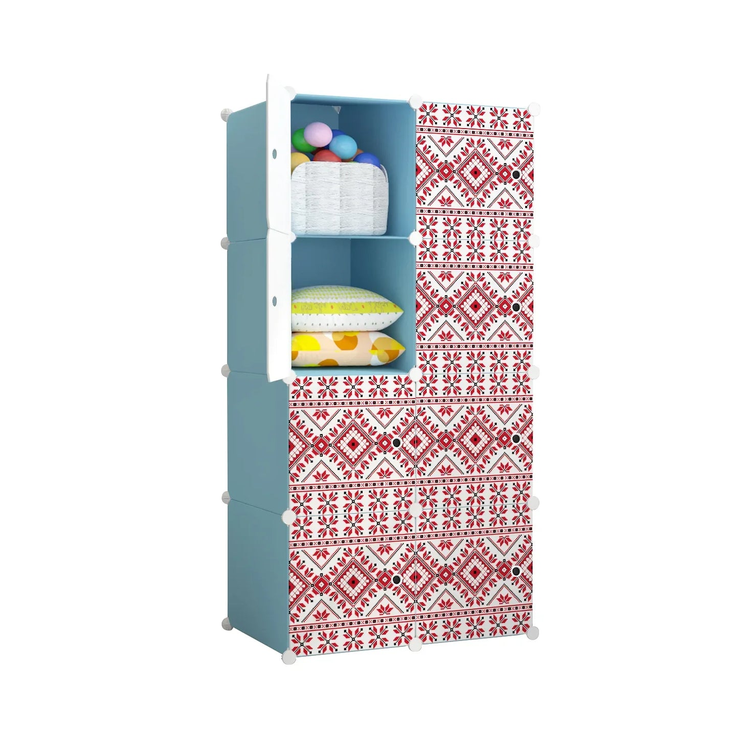Dulap modular din plastic cu schelet metalic, imprimeu traditional, Naimeed D3423B, culoare Albastru, 148x75x37 cm