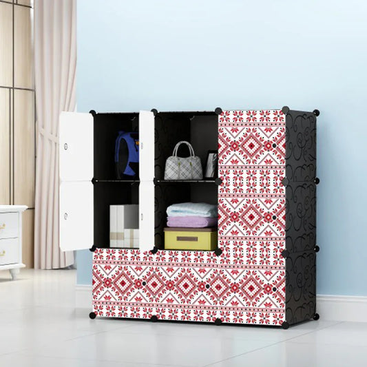 Dulap modular din plastic cu schelet metalic, imprimeu traditional, Naimeed D3424N, culoare Negru, 111x111x37 cm