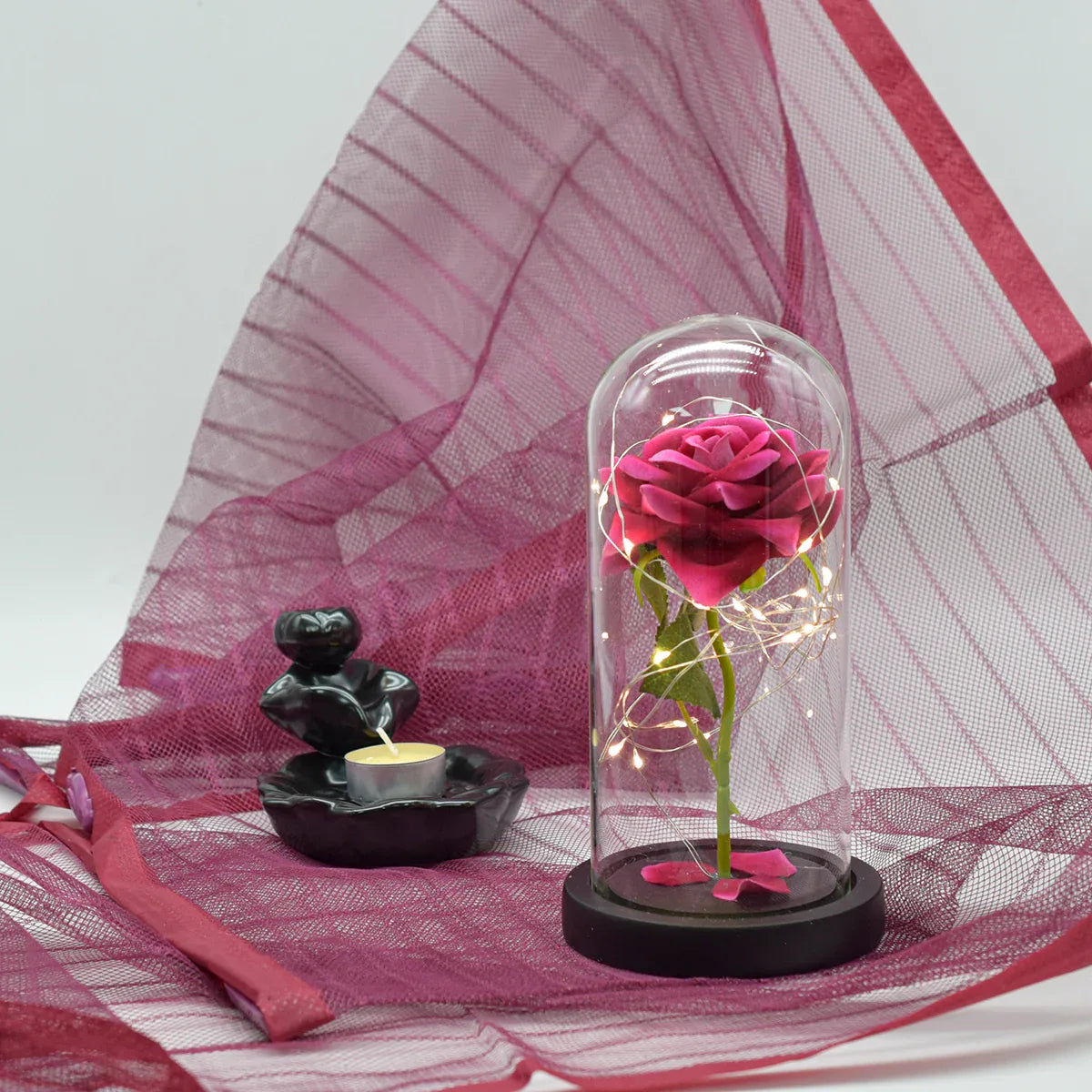 Aranjament floral in cupola de sticla, lumina Led, D4006, Roz