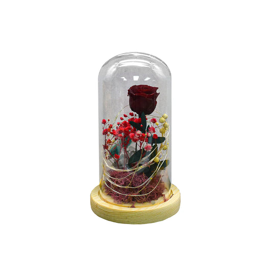 Aranjament floral in cupola de sticla, lumina Led, D4012, Rosu